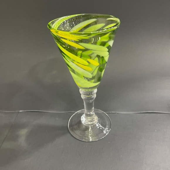 Hand Blown Glass Goblet - Green and Yellow Mixed Glass - 8" Tall - Picture 3 of 10